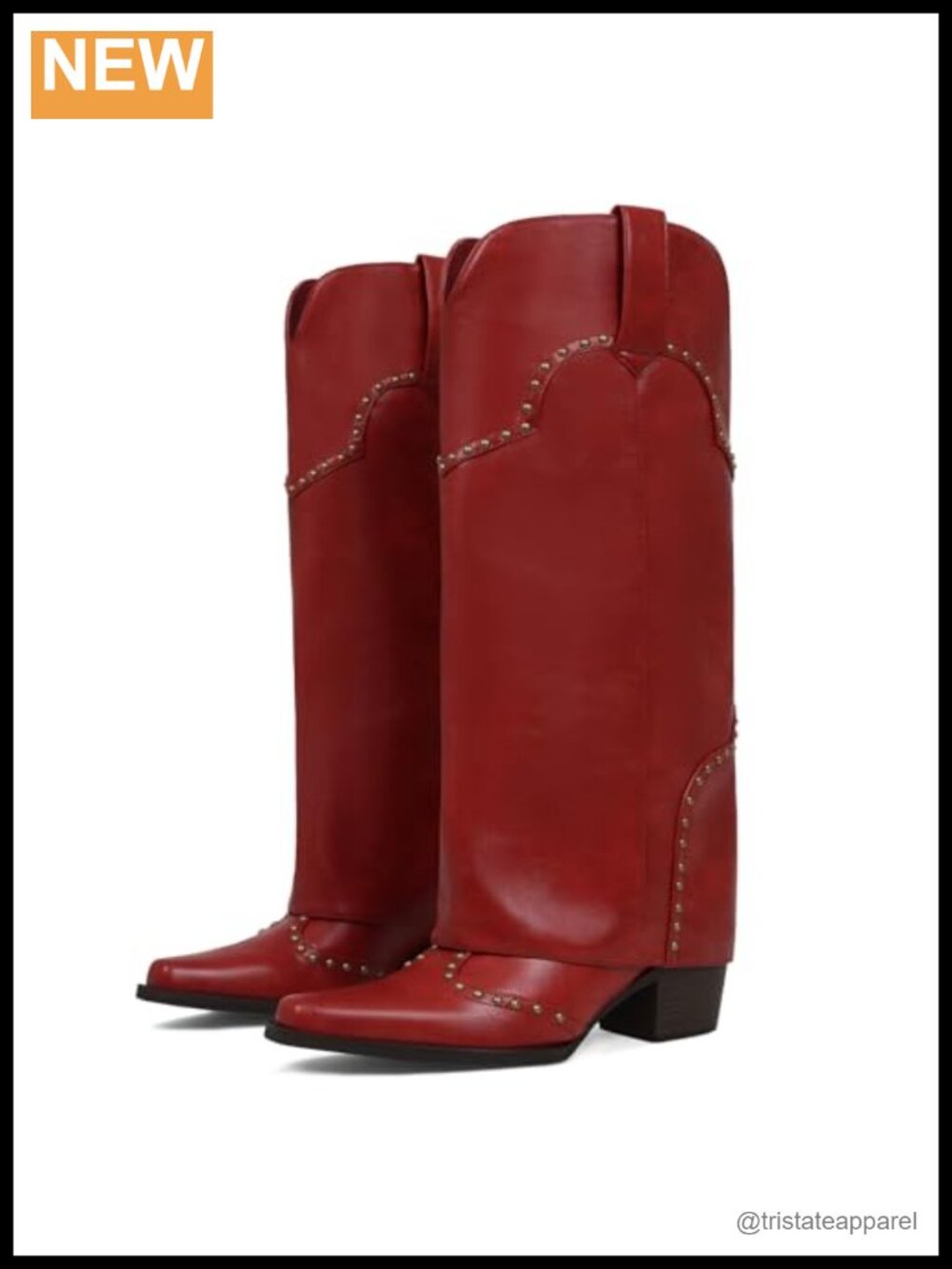 Fold Over Knee High Boots Chunky Heel Snip Toe Studded PU Boots